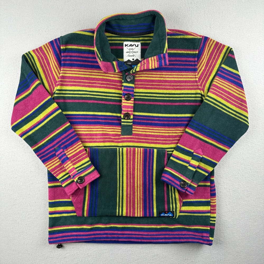 KAVU Fleece Pullover Men Large Multicolor Striped Mock Neck Button Pocket